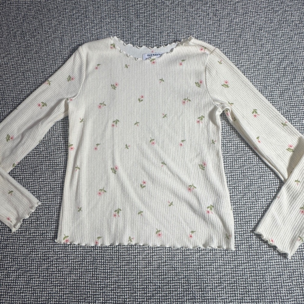 Old Navy Girls XL 14-16 Cream Floral Ribbed Long Sleeve Lettuce Edge Top